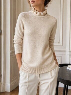J.Crew Ivory Ruffle Neck Wool Blend Sweater Alpaca Knit Top Cream